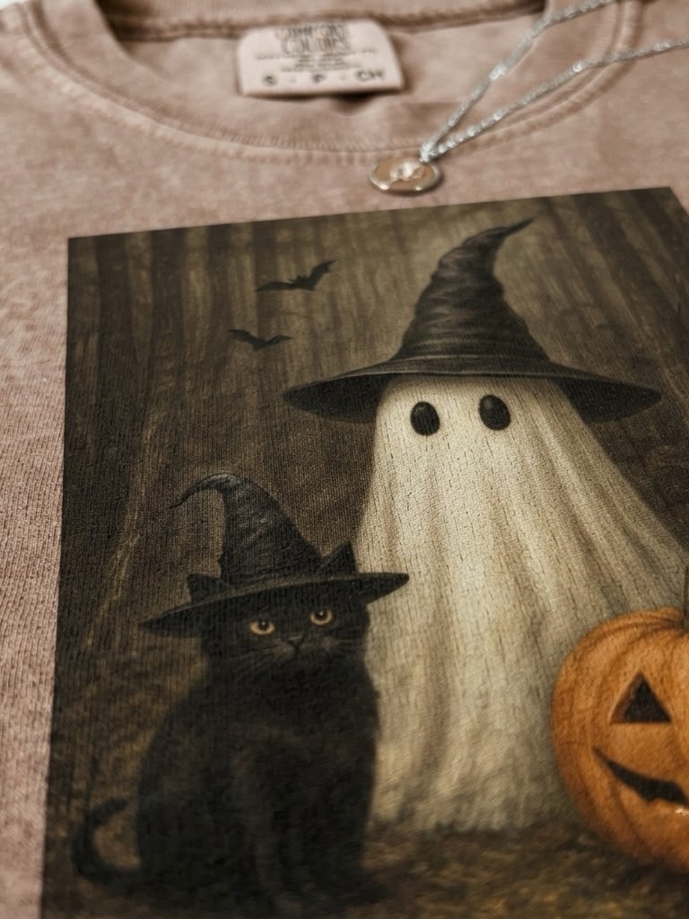 Comfort Colors Brown Halloween Ghost & Cat Graphic Tee - Picture 2 of 2